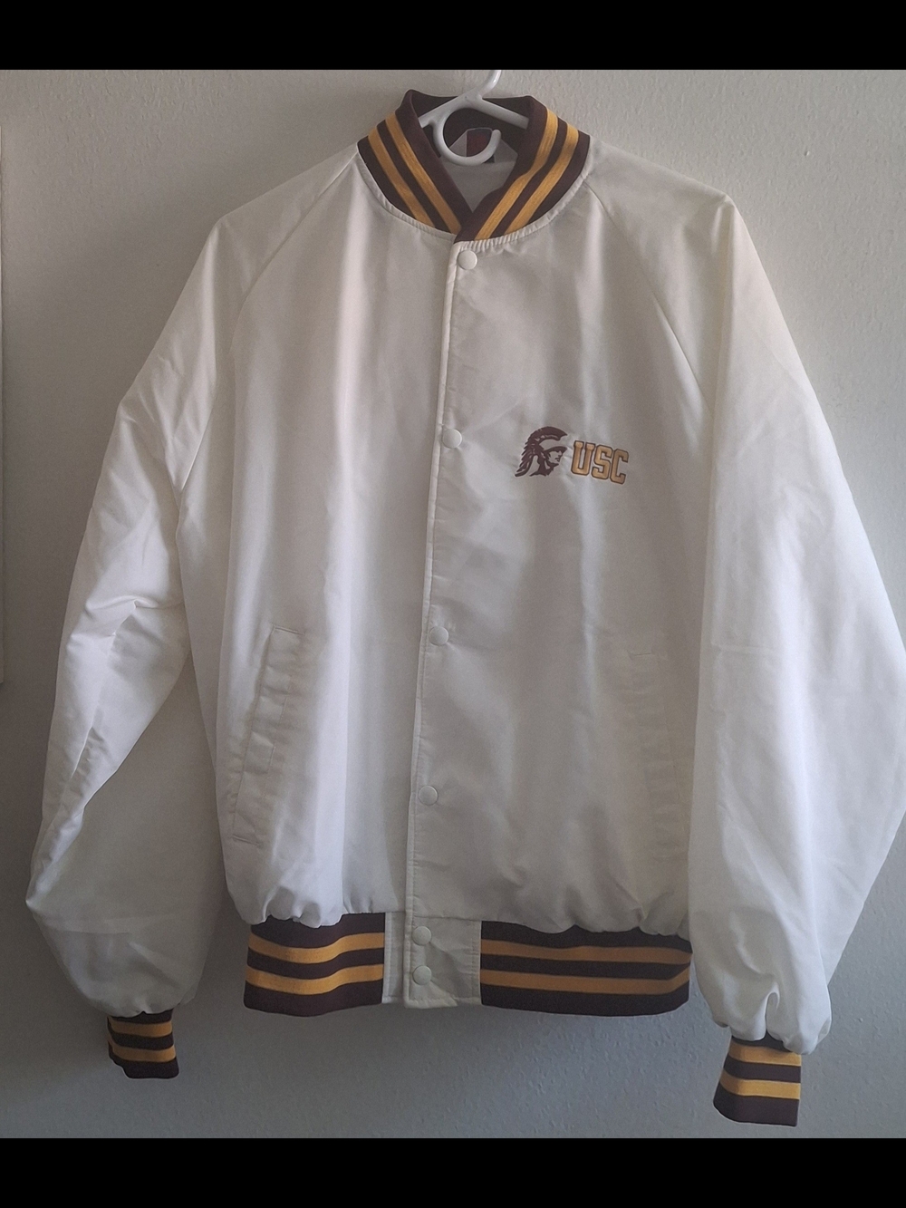 Vintage 80s 90s USC Trojans Satin Varsity Jacket  Cream Burgundy & Gold Mens XL